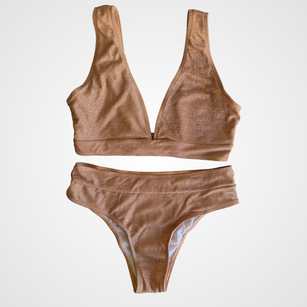 SHEIN Rose Gold Metallic Shimmer High Waisted Bikini Set Size L V-Neck Swimsuit